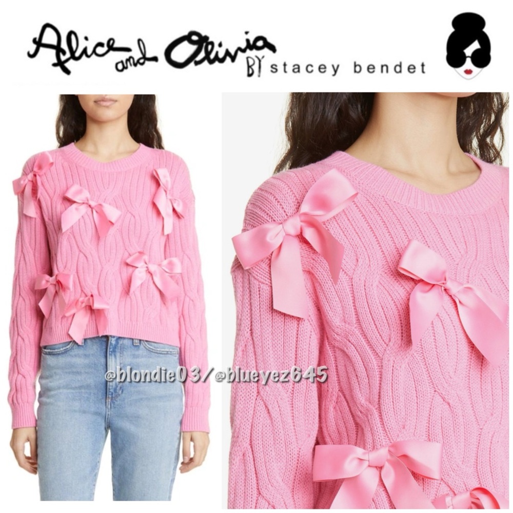 Alice + Olivia “Beau” bow embellished cable knit sweater L